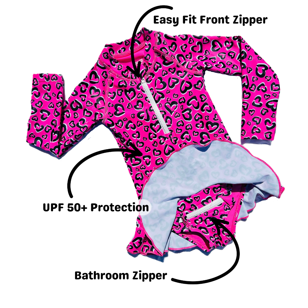 ZipMAE - Girls Swimsuit - Long Sleeve Love Splash