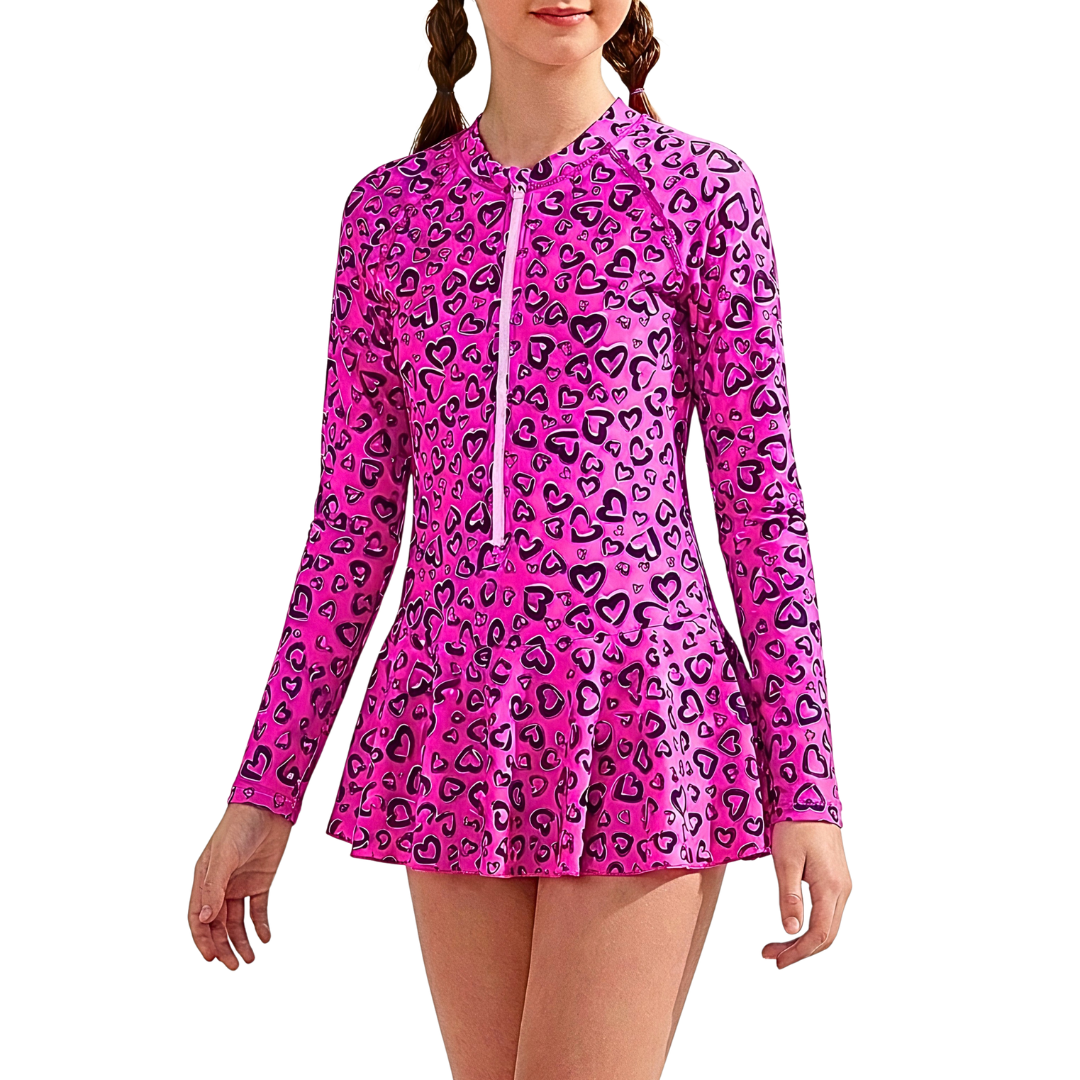 ZipMAE - Girls Swimsuit - Long Sleeve Love Splash
