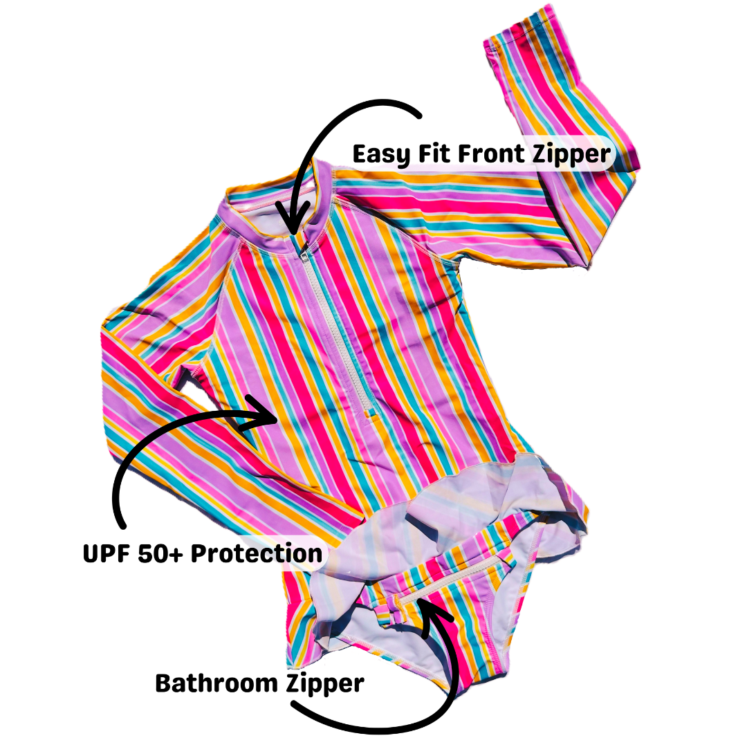 ZipMAE - Girls Swimsuit - Long Sleeve Rainbow Rush