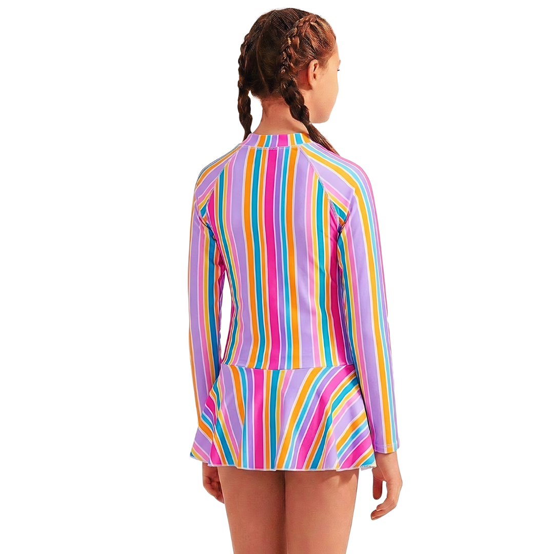 ZipMAE - Girls Swimsuit - Long Sleeve Rainbow Rush