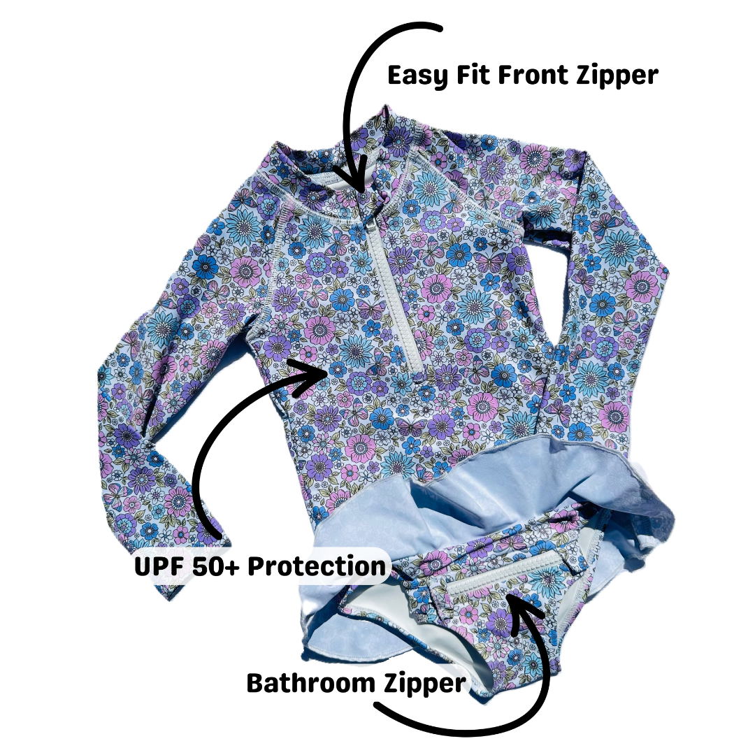 ZipMAE - Girls Swimsuit - Long Sleeve Violet Blossom