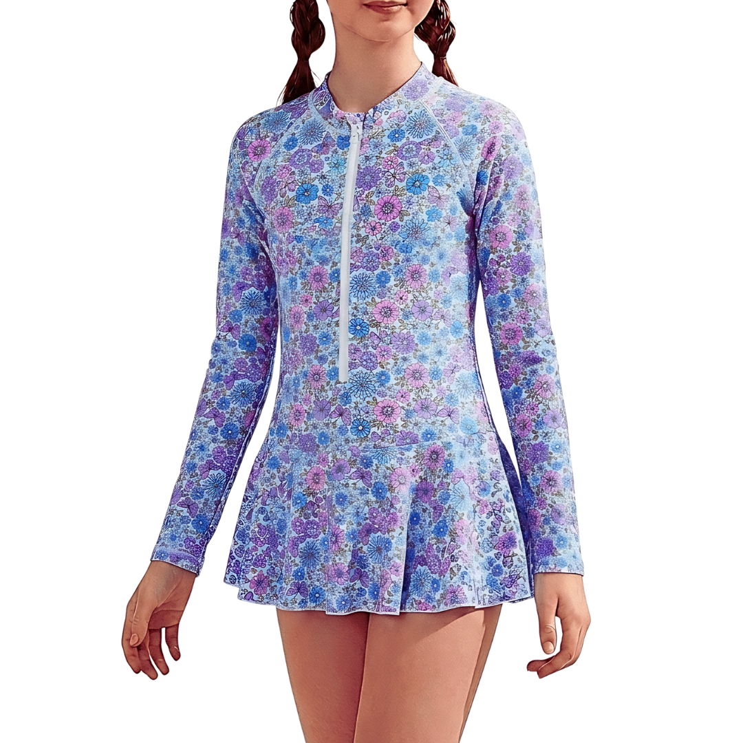 ZipMAE - Girls Swimsuit - Long Sleeve Violet Blossom